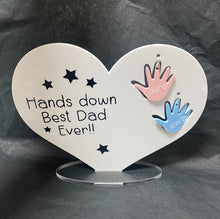 Load image into Gallery viewer, Personalised hand prints on a heart plaque with choice of wording
