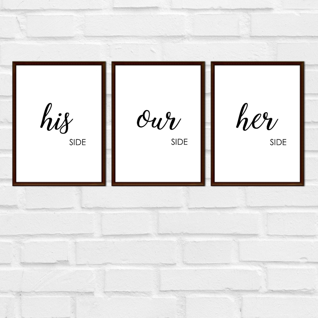 His side, her side, our side, A4 prints, bedroom wall, bed,