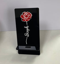 Load image into Gallery viewer, Personalised mobile phone holder With flower motif and name
