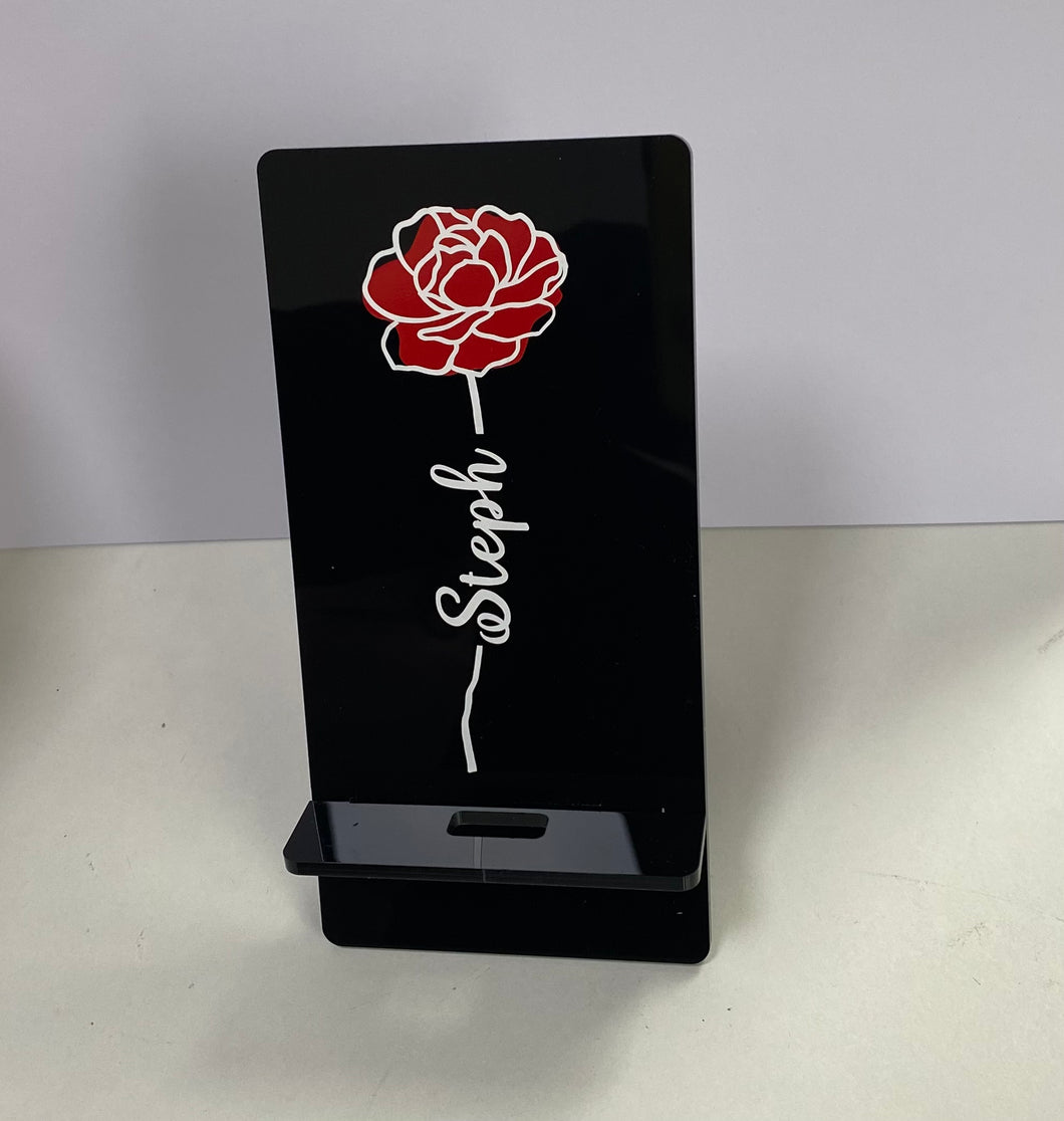 Personalised mobile phone holder With flower motif and name