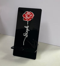 Load image into Gallery viewer, Personalised mobile phone holder With flower motif and name
