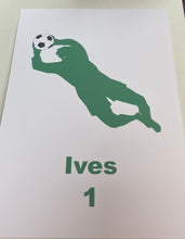 Load image into Gallery viewer, white a4 wall print. 300gsm thick quality card. with personalised name and number under a green silhouette of a goalkeeper with ball in hands
