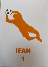 Load image into Gallery viewer, white a4 wall print. 300gsm thick quality card. with personalised name and number under an orange silhouette of a goalkeeper with ball in hands
