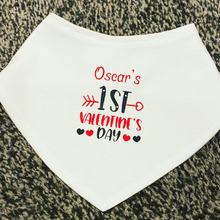 Load image into Gallery viewer, Personalised Baby’s First Valentine Dribble Bandana Bib
