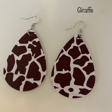 Load image into Gallery viewer, Tear shaped earrings with a silver hook. Pattern is brown and white with a giraffe style pattern
