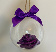 Load image into Gallery viewer, purple glitter covered foam rose is set inside a clear round bauble. tied with jute string and a purple bow sits on top
