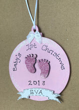 Load image into Gallery viewer, Babys Hand painted wooden first christmas bauble
