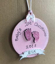 Load image into Gallery viewer, Babys Hand painted wooden first christmas bauble
