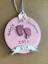 Load image into Gallery viewer, Babys Hand painted wooden first christmas bauble
