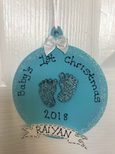 Load image into Gallery viewer, Babys Hand painted wooden first christmas bauble
