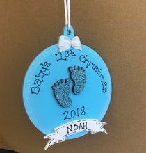 Load image into Gallery viewer, Babys Hand painted wooden first christmas bauble
