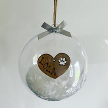 Load image into Gallery viewer, Personalised Pet Christmas bauble, gift, Remembrance bauble, feather, snow
