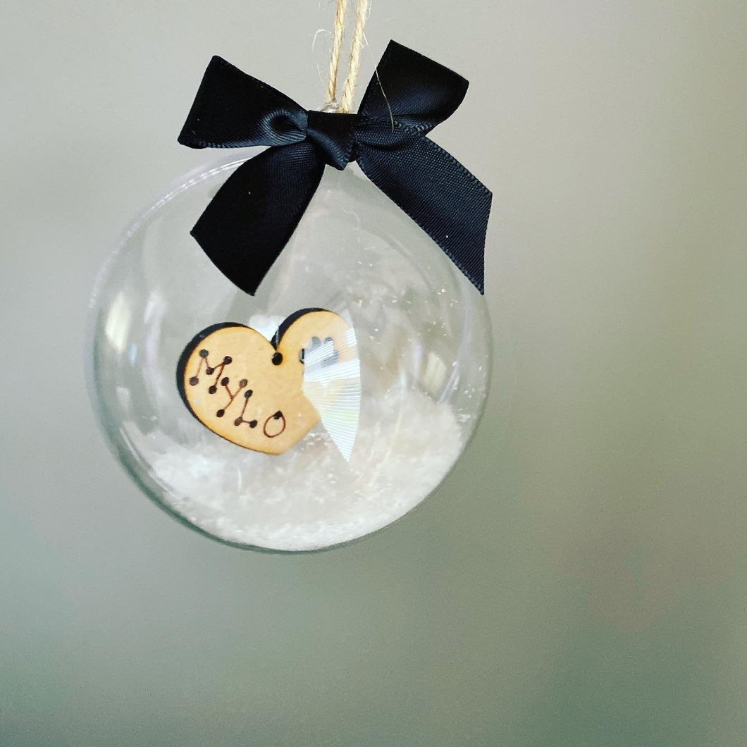 Personalised Pet Christmas bauble, gift, Remembrance bauble, feather, snow