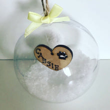 Load image into Gallery viewer, Personalised Pet Christmas bauble, gift, Remembrance bauble, feather, snow
