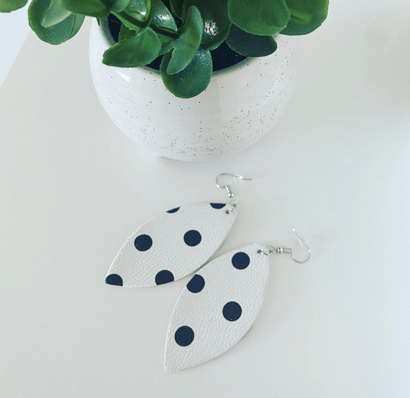 Polka dot black and white leather earrings