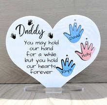 Load image into Gallery viewer, Personalised hand prints on a heart plaque with choice of wording
