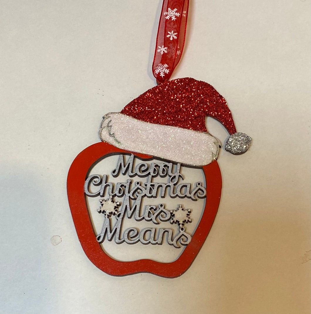 Personalised teacher apple Santa Christmas hat tree bauble