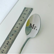 Load image into Gallery viewer, Mr or Mrs engraved silver spoon, wedding gift, hot chocolate, ice cream spoon
