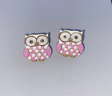 Load image into Gallery viewer, Hand painted wooden owl earrings
