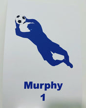 Load image into Gallery viewer, white a4 wall print. 300gsm thick quality card. with personalised name and number under a blue silhouette of a goalkeeper with ball in hands
