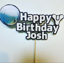 Load image into Gallery viewer, In white letters &quot;happy Birthday&quot; (name) is set with a black outline. Destiny pictures are on either side  birthday cake topper. 
